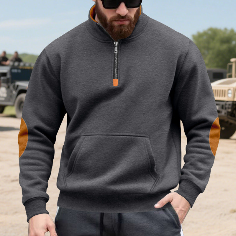 Street Wave Men's Hoodie With Stand Up Collar And Contrast Elbow Patch Details For Modern Comfort