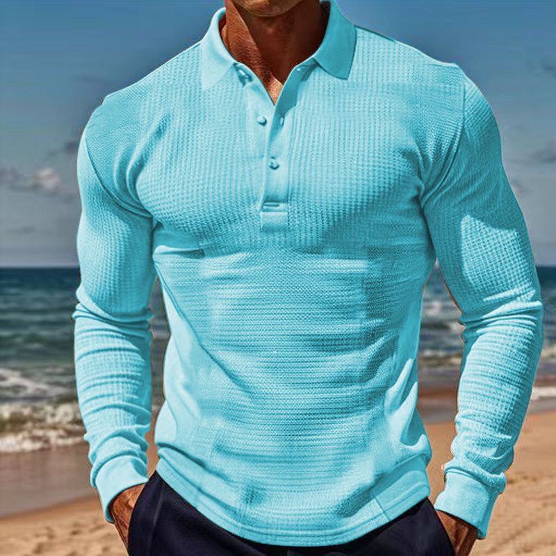 Mens Elegant Long Sleeve Polo With Button Placket Street-wave Structured Texture For Men