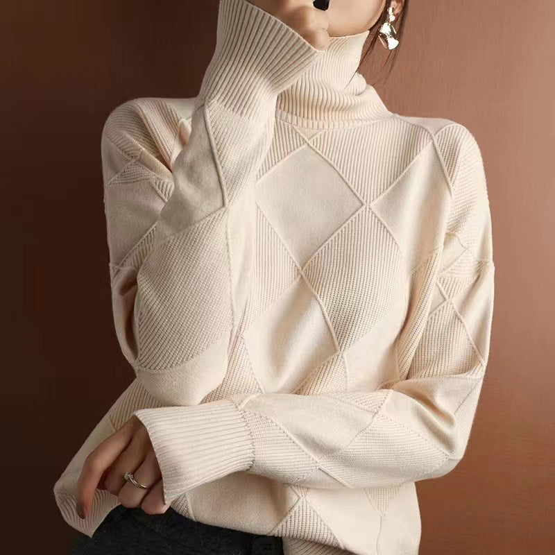 Street Wave Womens Cozy Chunky Knit Sweater With Roll Neck And Textured Diamond Pattern
