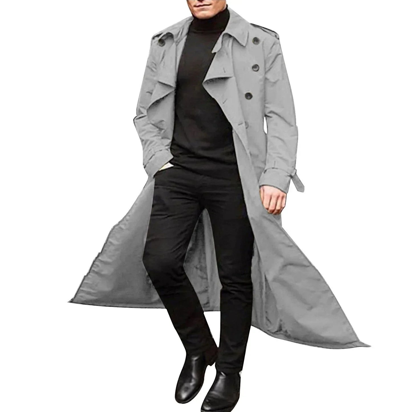 Mens Trench Coat Tailored Fit Double Breasted Notched Lapels Full Length Coat For Men Style