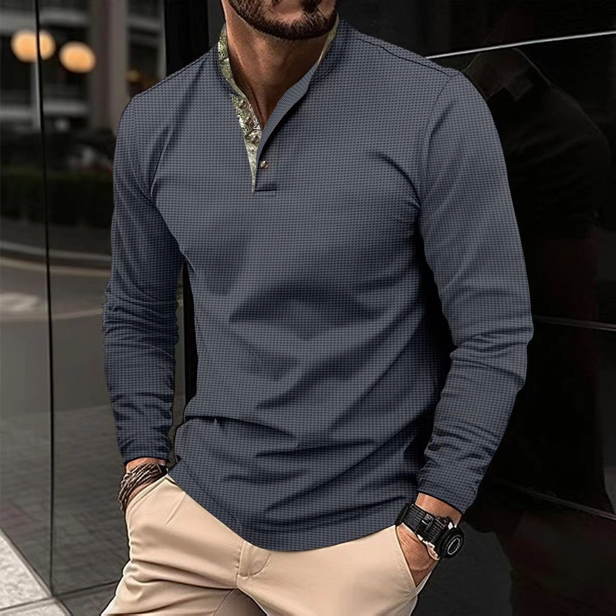 Streetwave Mens Long Sleeve Shirt With Modern Stand Collar For Smart Casual Wear Breathable Comfort