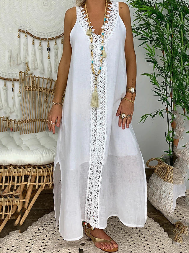 Women's Maxi Beach Dress With Breathable Cotton Elegant Lace Trim Side Slits From Street Wave For Summer Style