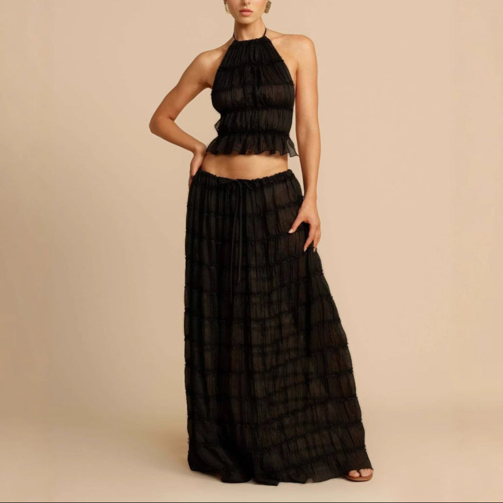 Street-Wave Womens Two-Piece Set Ruched Halter Crop Top Elastic Waist Maxi Skirt
