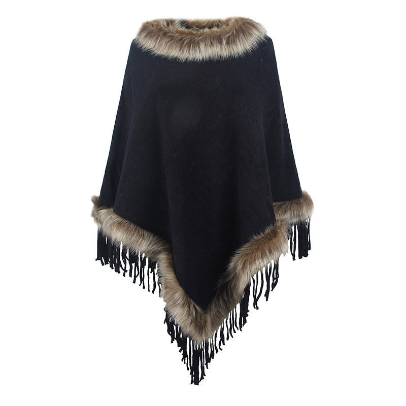 Street-Wave Women Poncho With Luxurious Faux Fur Collar And Dramatic Fringe Details