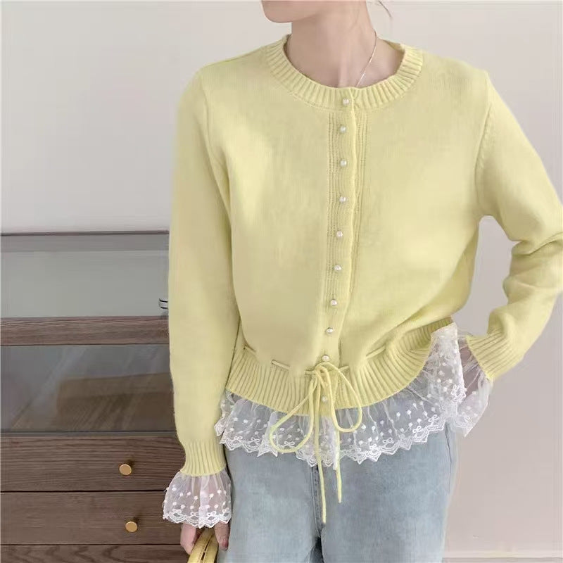 Street-Wave Women's Knit Cardigan With Ruffle Hem And Pearl Buttons, Elegant Chic Layer For Women