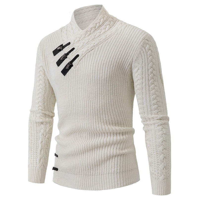 Street-Wave Mens Knit Sweater With Shawl Collar And Cable Knit Pattern For Men Warm Classic