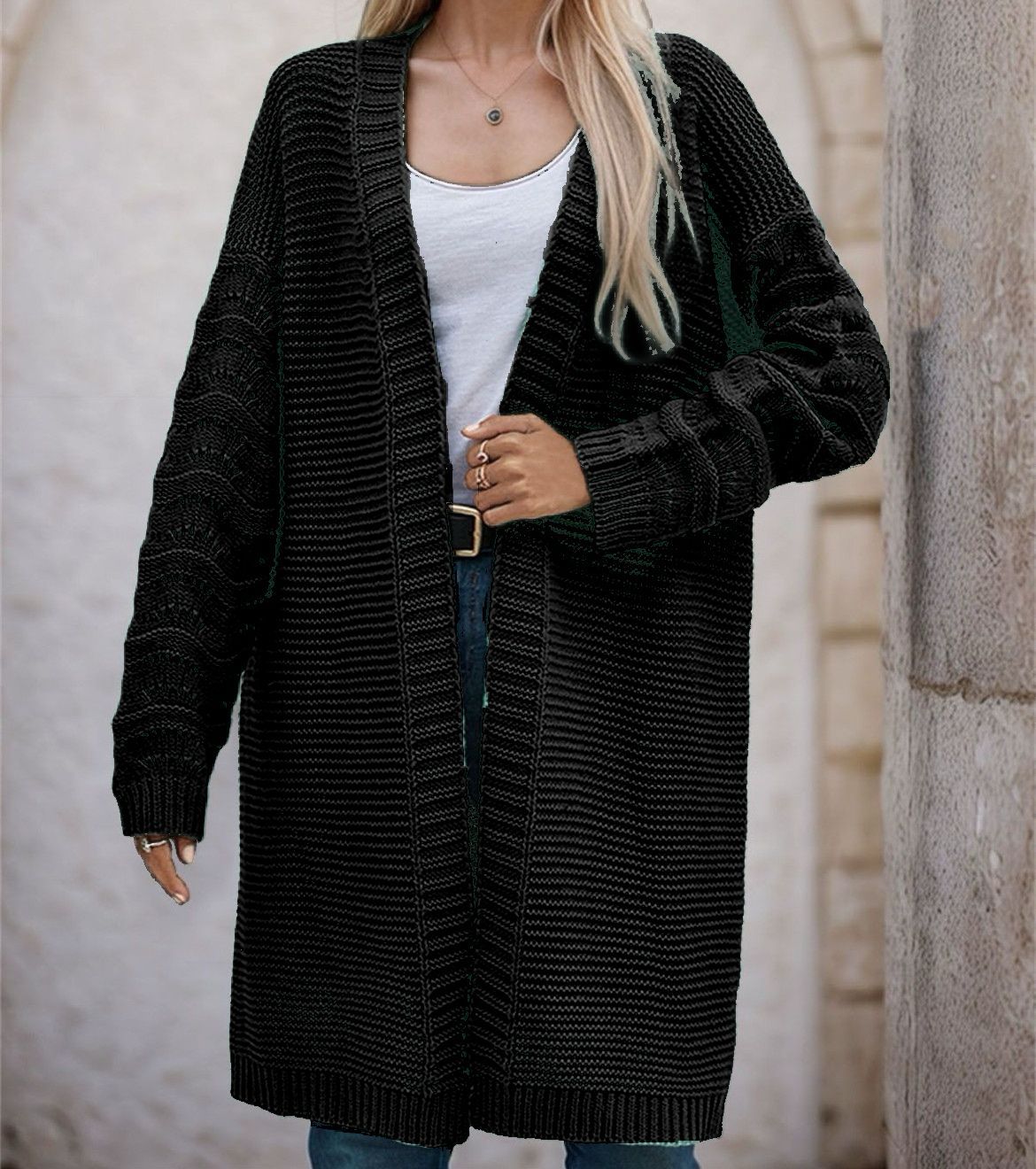 Street-wave Women Long Knit Cardigan With Airy Mesh Knit Open Front For Cozy Everyday Style