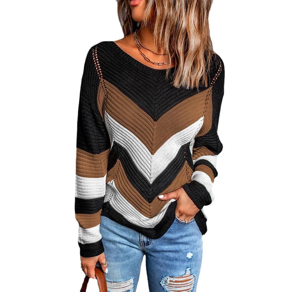 Streetwave Women Chevron Knit Sweater With Airy Relaxed Fit For Casual Everyday Wear In Autumn Colors
