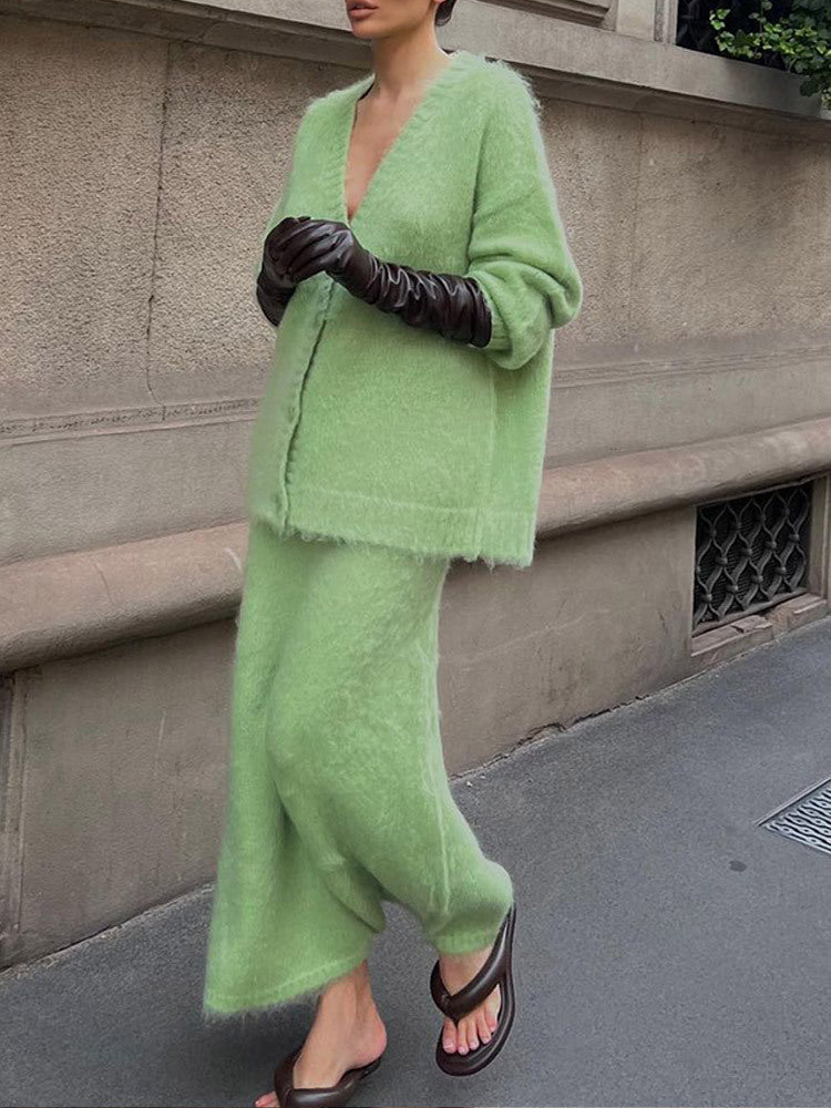 Street Wave Cozy Knit Cardigan And Knee Length Skirt Set For Women Soft Warm Comfort