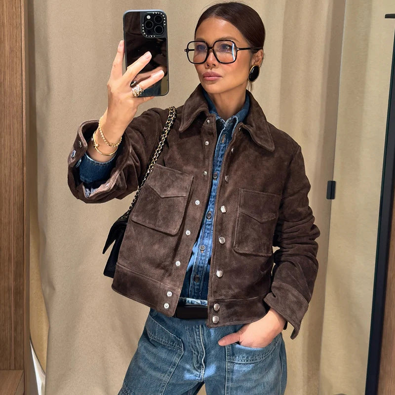Street Wave Women's Suede Jacket With Side Pockets Fashionable Comfort For Modern Style