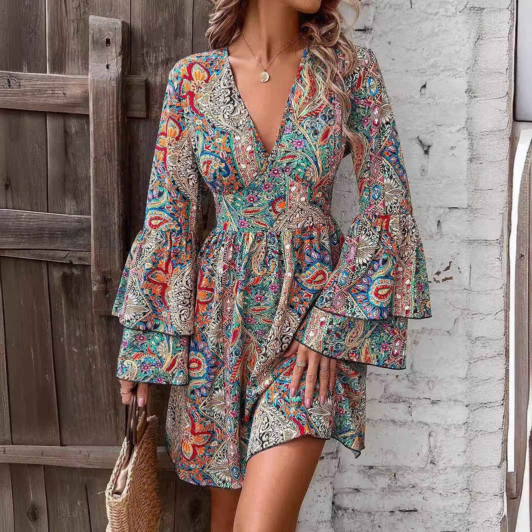 Paisley Print Mini Dress With Voluminous Flounce Sleeves For Women Street Wave Chic