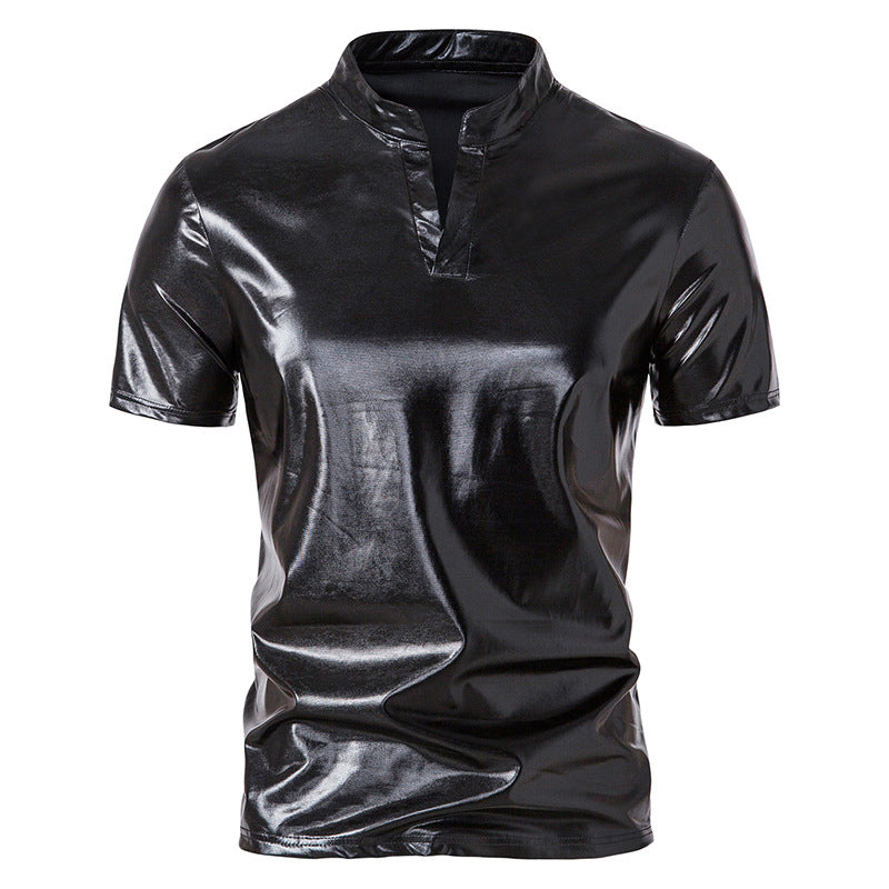 Street-Wave Mens Shiny Asian-Style Short Sleeve Shirt With Glossy Metallic Finish For Bold Urban Streetwear