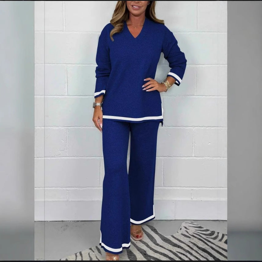 Street Wave Women's Loose Fit Knit Set With Wide Silhouette And Elegant Contrast Trim For Casual Comfort