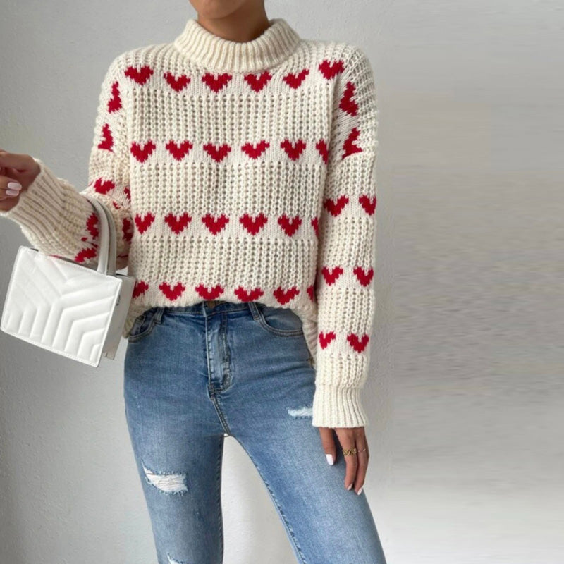 Street-Wave Heart Pattern Knit Sweater For Women Cozy Romantic Mock Neck Cable Knit Pullover