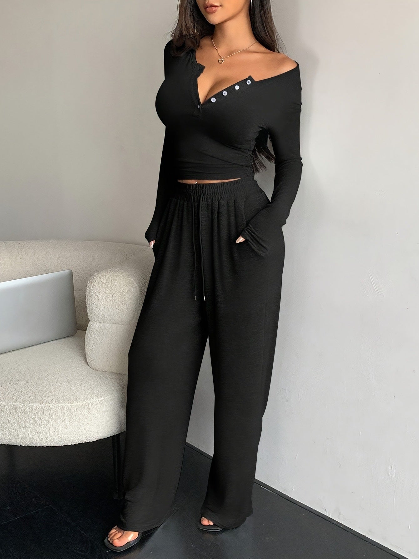 Streetwave Womens Cozy Loungewear Set With Soft Knit Long Sleeve Top And Palazzo Pants For All Day Comfort