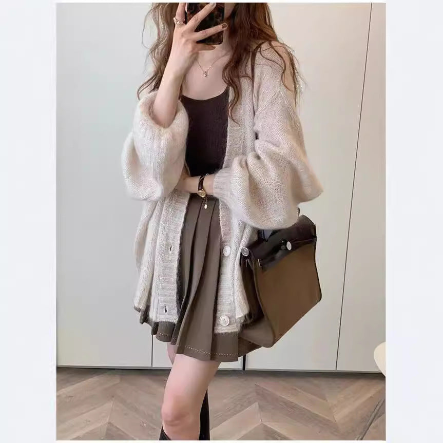 Street-wave Women Oversized Knit Cardigan With Voluminous Sleeves And Practical Pockets
