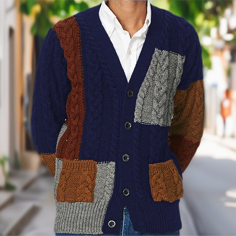Street-Wave Men's Chunky Knit Cardigan With Color Block Accents And Handy Pockets