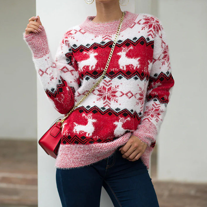 Street-wave Women's Cozy Christmas Sweater With Festive Reindeer Design, Warm Knit