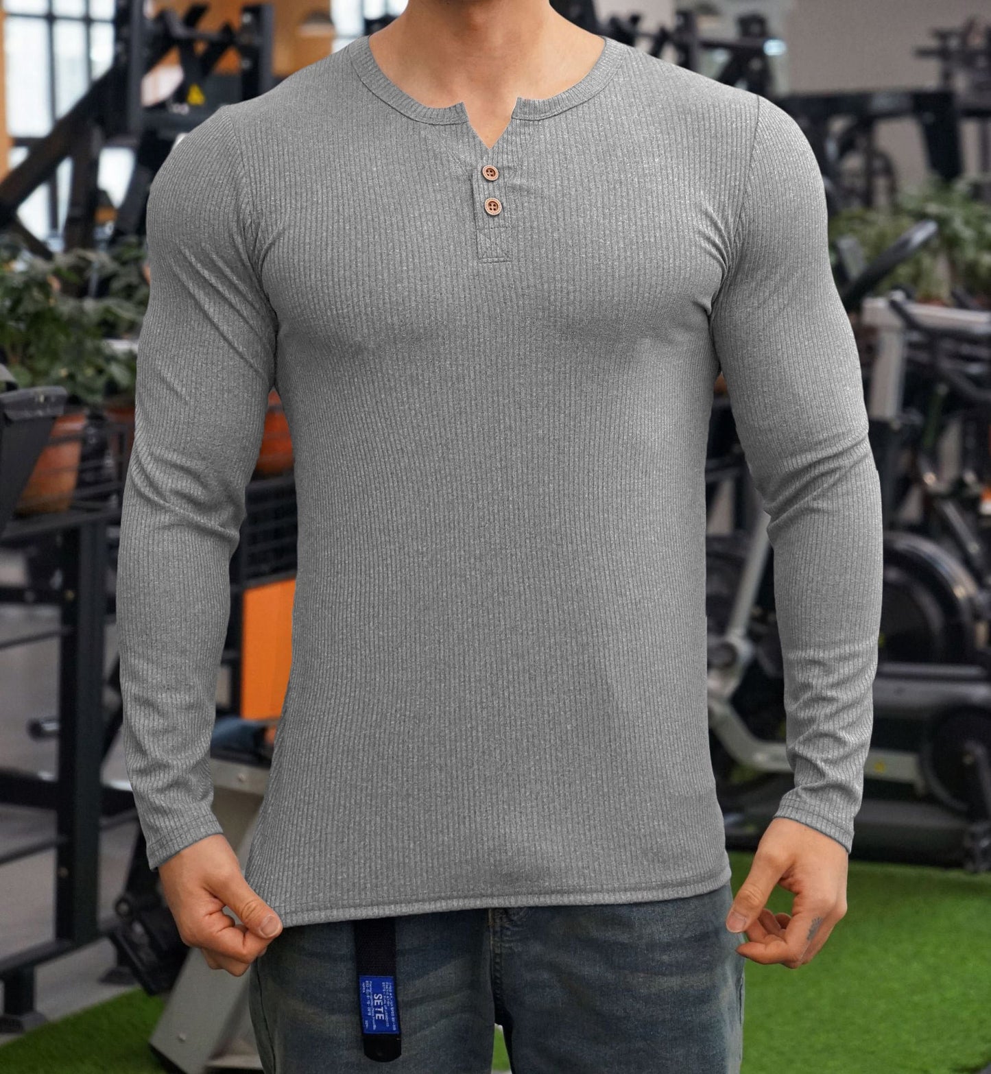 Street-Wave Mens Long Sleeve Shirt With Textured Knit Design And Button Placket For Everyday Comfort