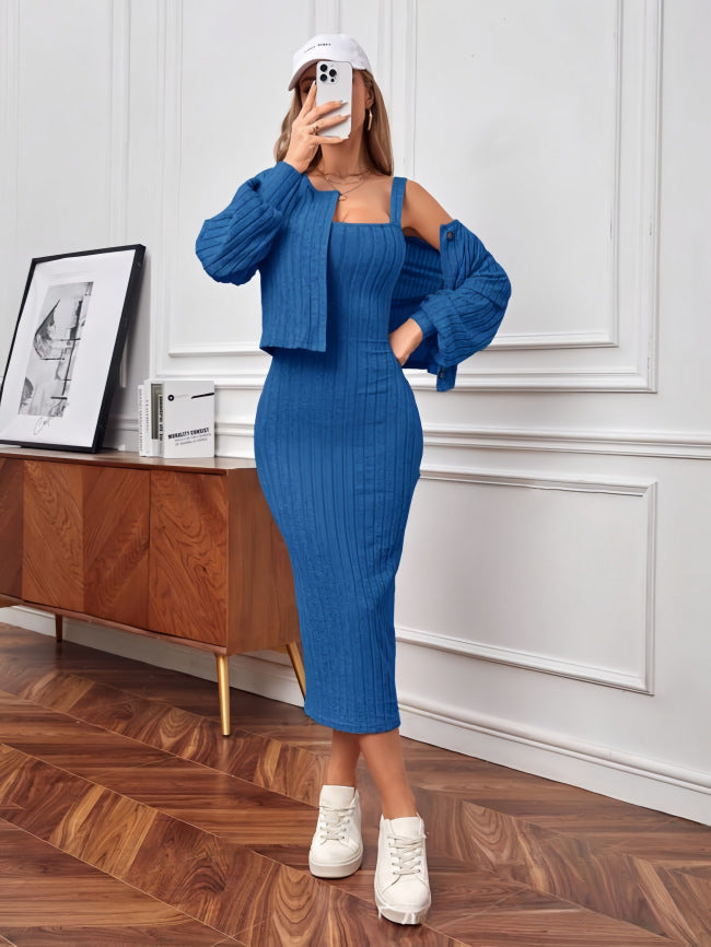 Streetwave Women Knit Set Button Front Cardigan With Oversized Sleeves Maxi Skirt Chic