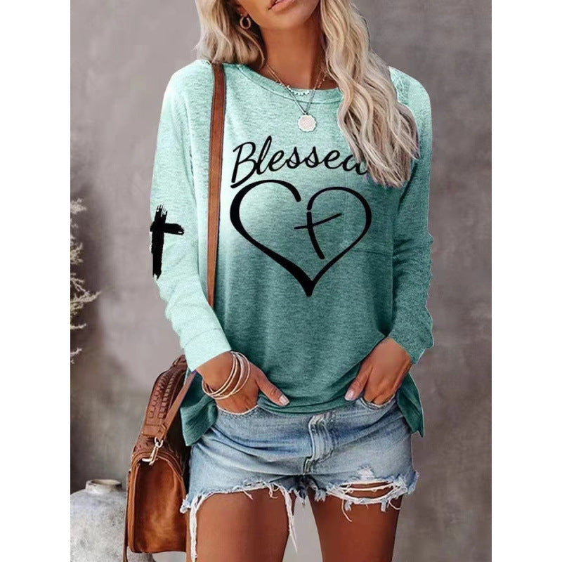 Long Sleeve Shirt Street-Wave Blessed Heart Graphic For Women, Comfortable Cotton Blend, Relaxed Fit