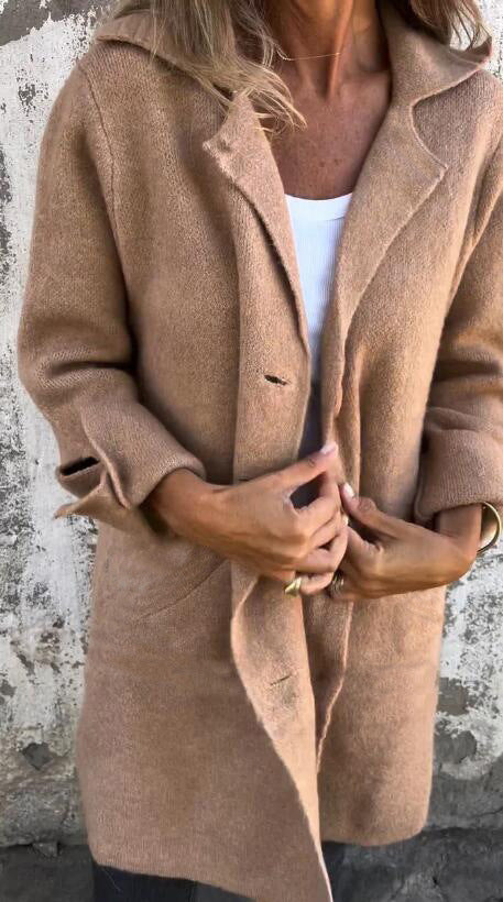 Street-Wave Women's Mid-Length Single-Breasted Wool Coat With Lapels And Pockets For Everyday Streetwear