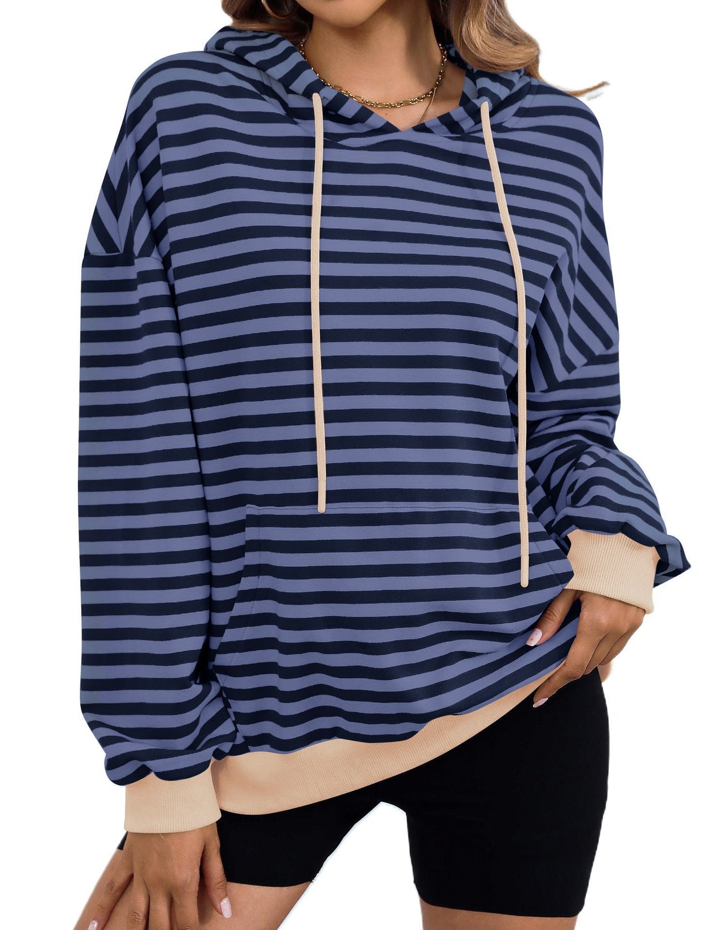 Street-wave Womens Striped Hoodie With Stylish Kangaroo Pocket For Casual Comfort