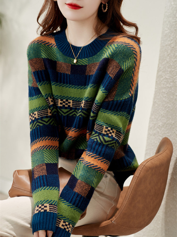 Street-wave Women's Patterned Knit Sweater With Soft Plush Texture Round Neck Cozy Warmth For Everyday Wear