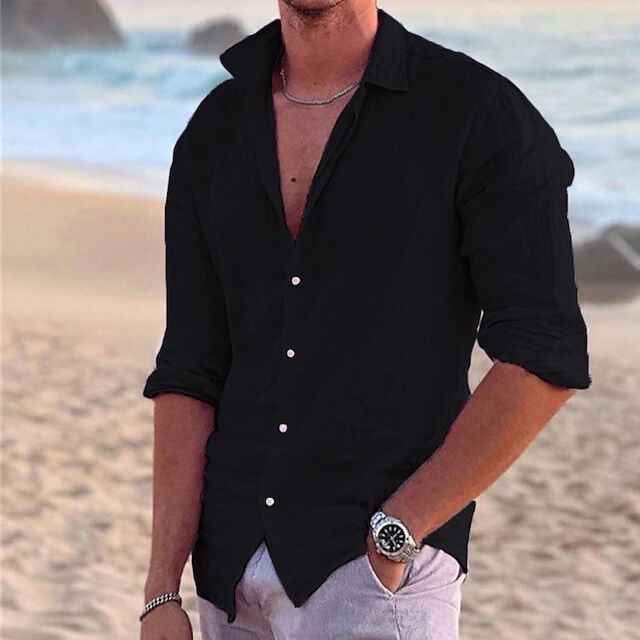Street-wave Mens Lightweight Linen Shirt Casual Long Sleeve Breathable Comfort Ideal For Warm Weather