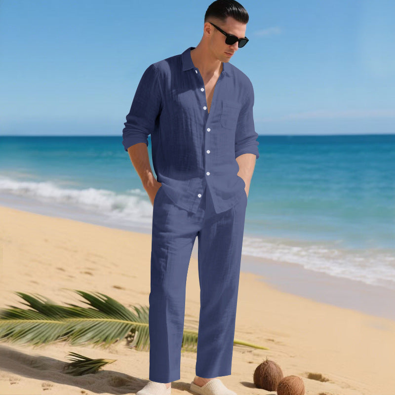 Street-wave Men's Lightweight Linen Outfit With Breathable Shirt And Elegant Trousers Summer Ready