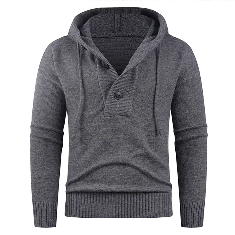 Street-wave Men Hooded Pullover With Button Detail - Cozy Modern Knit Sweatshirt