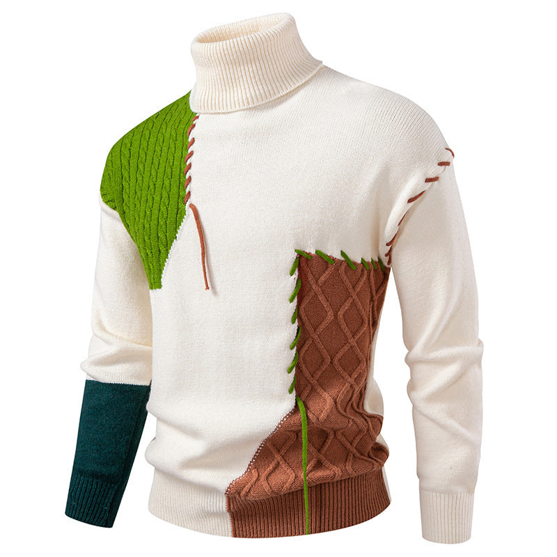Mens Turtleneck Sweater With Geometric Cable Knit Patchwork Street-wave For Style Savvy Men