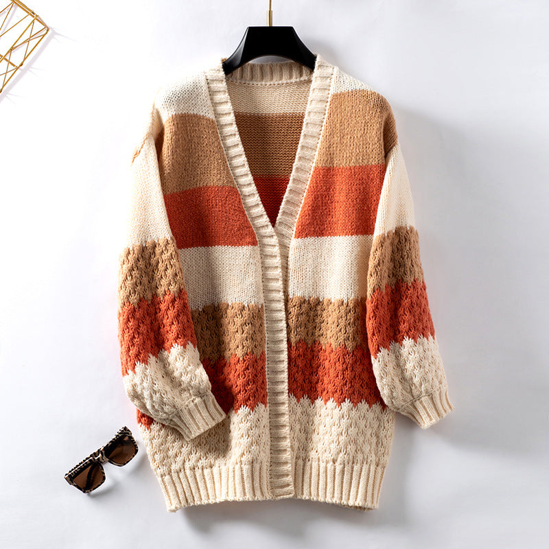 Street Wave Striped Chunky Knit Cardigan For Women With Classic Cut And Cozy Warmth