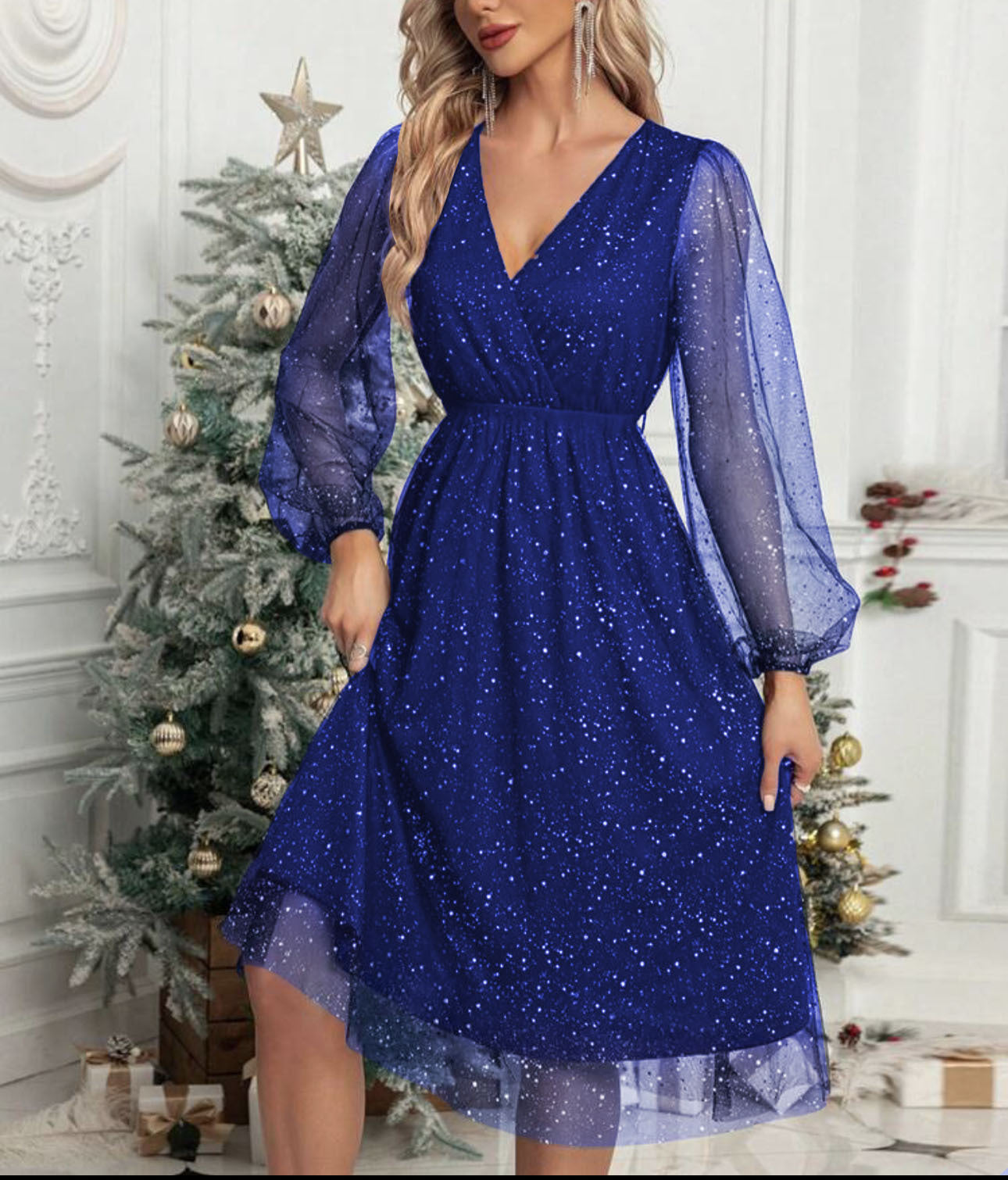 Street Wave Glamorous Women's Midi Dress With Sheer Puff Sleeves And Sparkling Sequin Pattern