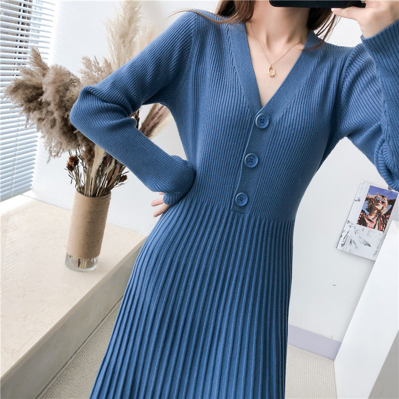 Street-wave Women's Knit Dress With Button Closure And Ribbed Texture Breathable Cotton Blend