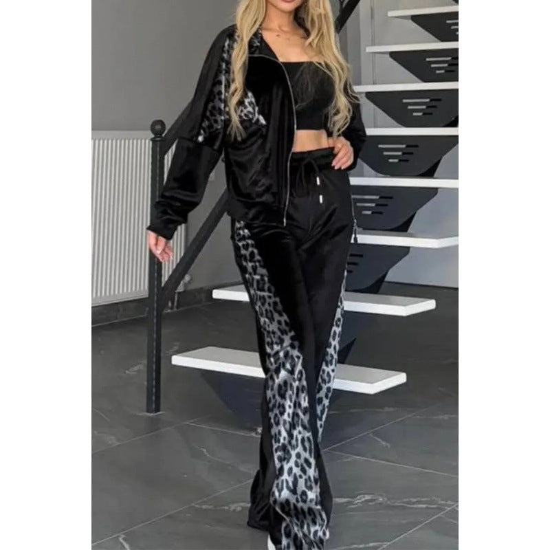 Street-Wave Women's Leopard-Print Velour Tracksuit With Leopard Appliques Soft Cozy Comfort