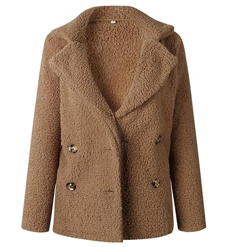 Street-Wave Womens Plush Faux Fur Double-Breasted Blazer Cozy Teddy Texture For Warm Chic Style