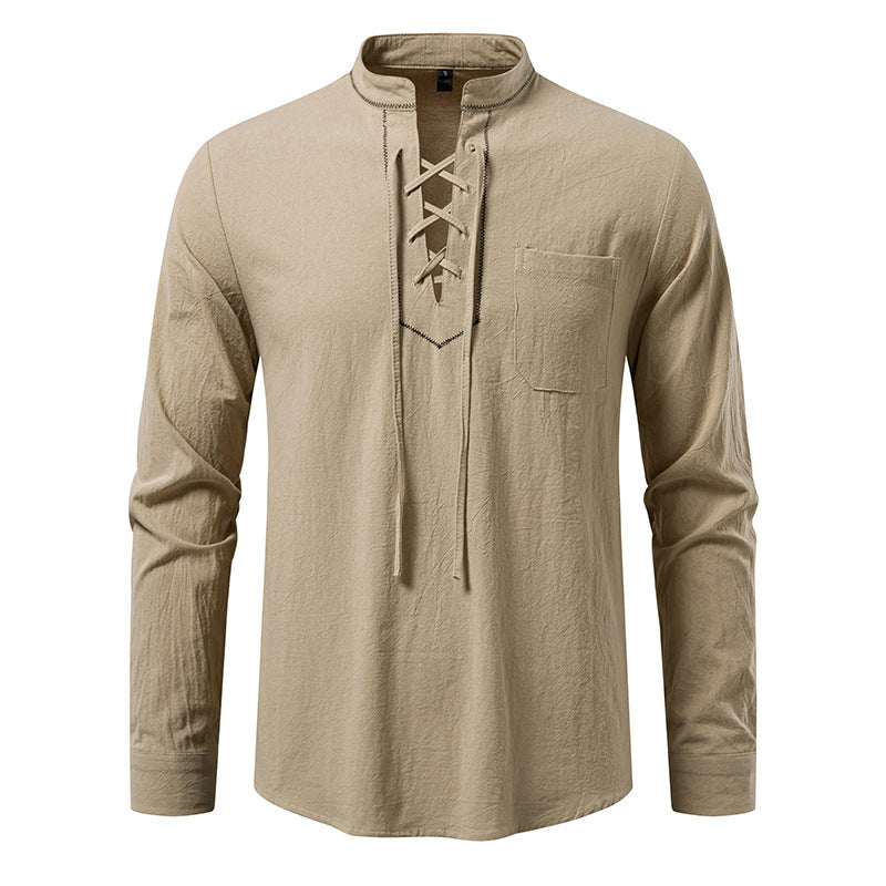 Street-Wave Men's Long Sleeve Henley Shirt With Lace Up Neckline Breathable Casual Office Wear