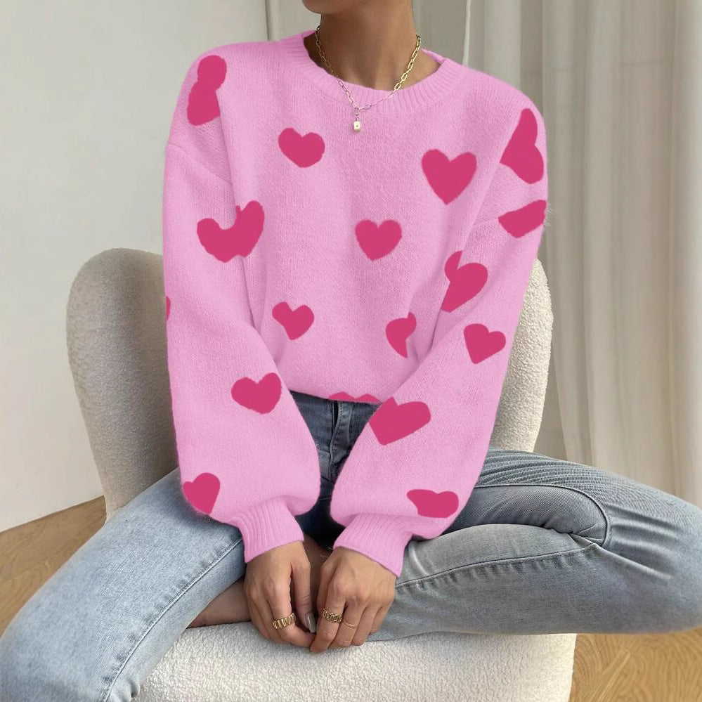 Street-Wave Womens Pink Heart Knit Sweater With Bold Heart Pattern For Stylish Cozy Everyday Wear