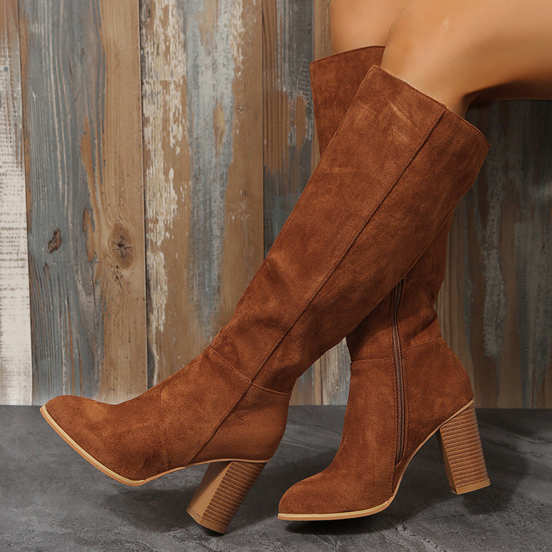 Street Wave Overknees Boots For Women With Suede Upper Elegant Block Heel And Non Slip Sole