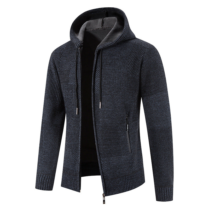 Street-Wave Men's Hooded Knit Cardigan With Modern Textured Panels And Soft Comfort