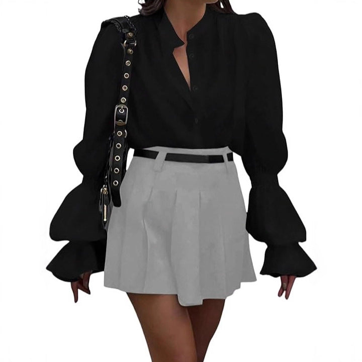 Streetwave Women's Puff Sleeve Blouse With Timeless Stand Collar Elegant Office Ready