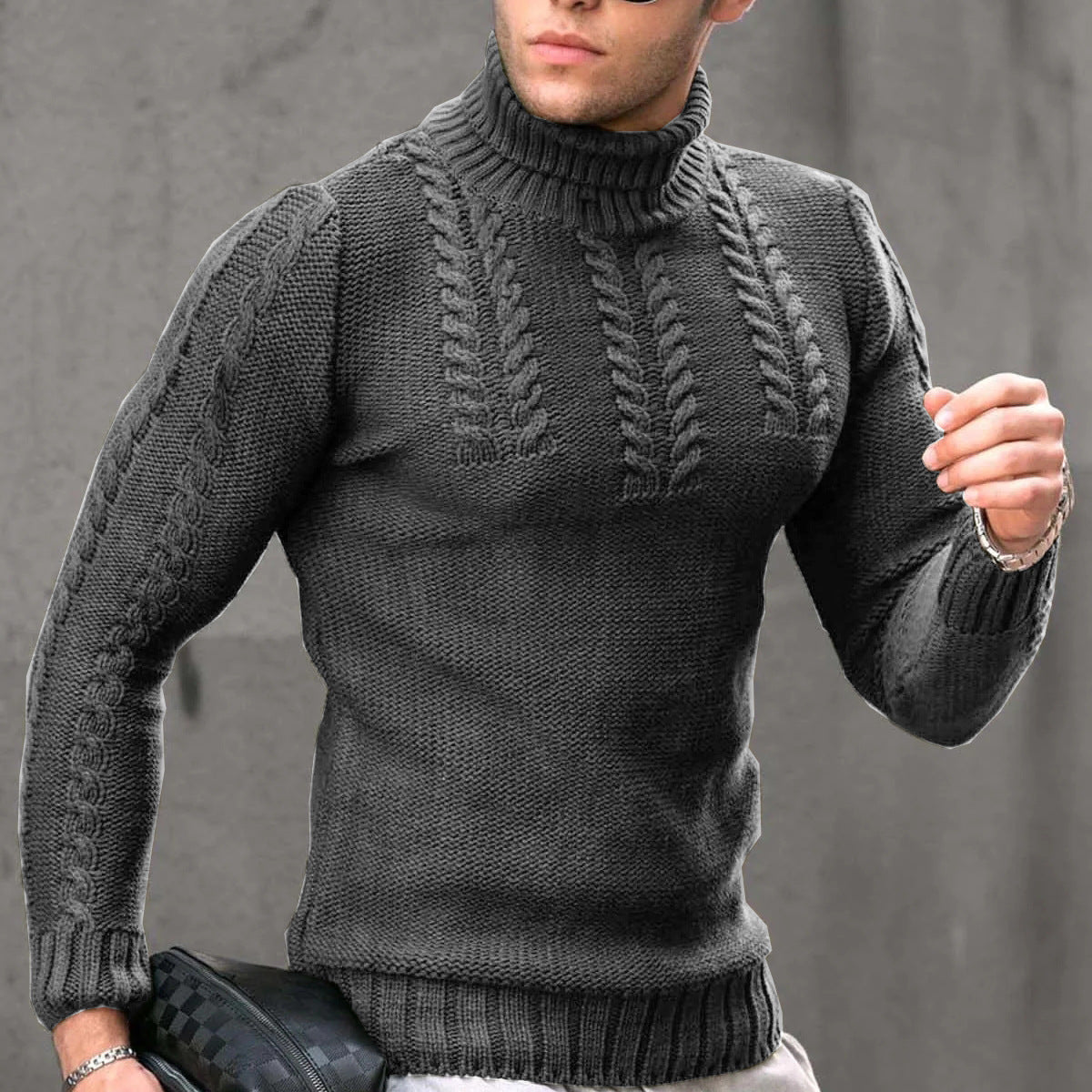 Street-Wave Men's Stand Collar Cable Knit Sweater for Modern Warmth and Everyday Comfort
