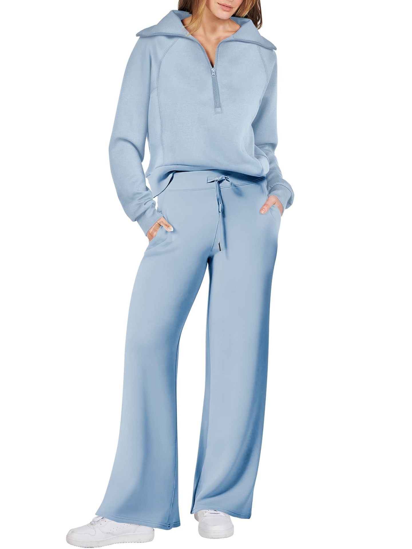 Street-wave Women’s Cozy Two Piece Set With Zip Front And Pockets Casual Loungewear For Home