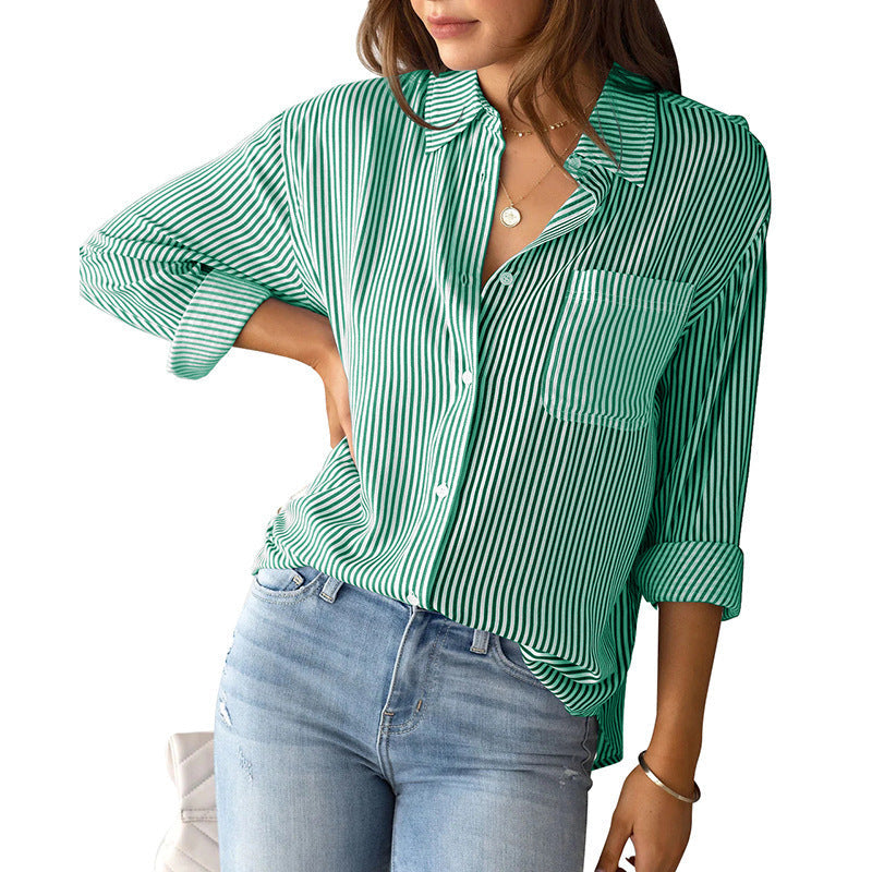 Street-Wave Womens Striped Button Down Blouse With Chest Pocket Breathable Everyday Shirt