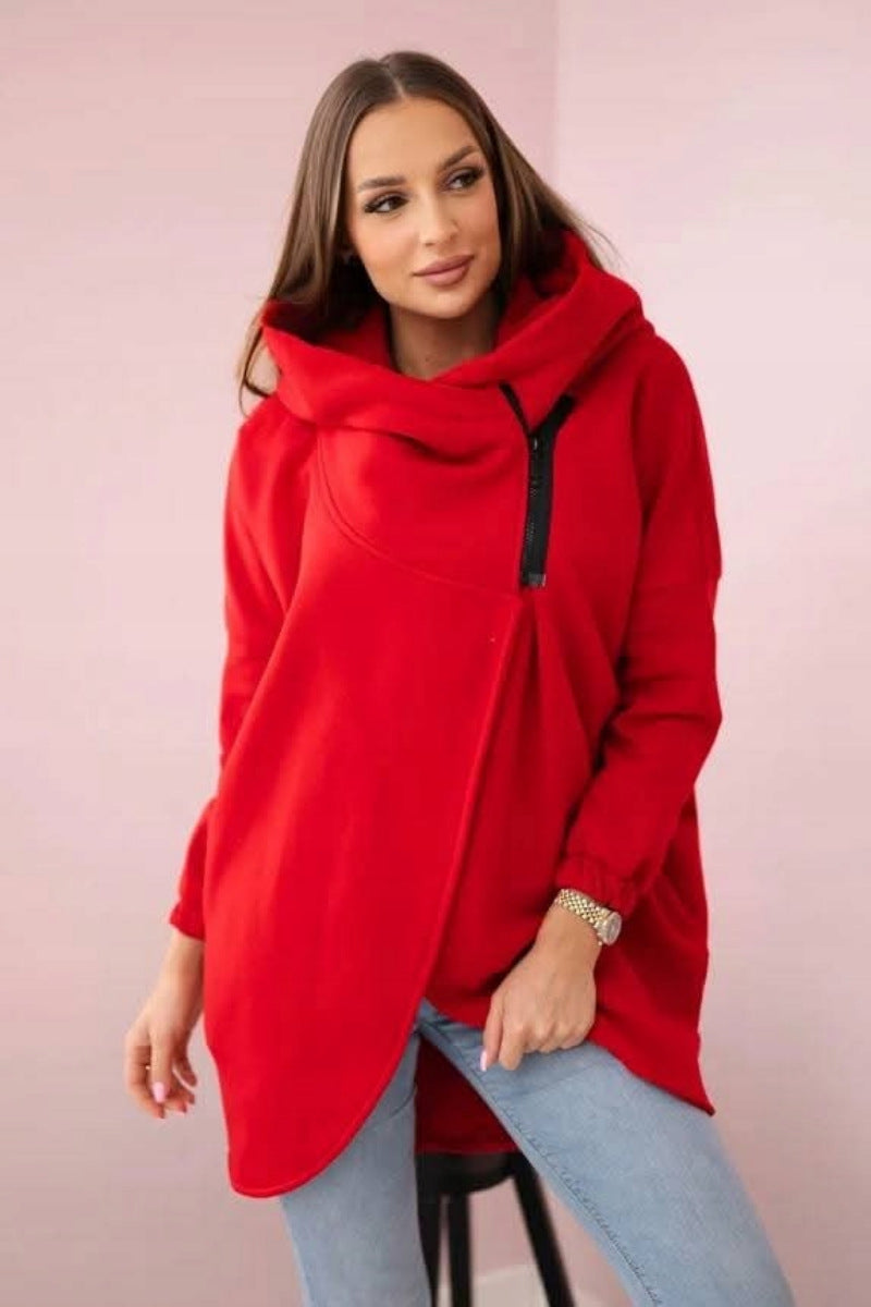 Street-wave Asymmetrical Zip Fleece Hoodie Jacket For Women, Cozy Warmth, Trendy Streetwear