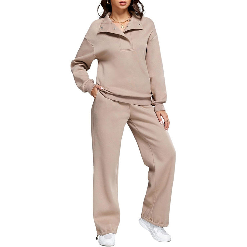 Street-wave Women's Cozy Leisure Set With Stand Collar And Wide Leg Pants For Relaxed Comfort