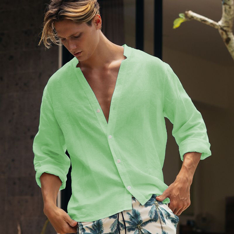 Street-Wave Men's Casual Linen Shirt With Full Button Front Breathable Summer Essential