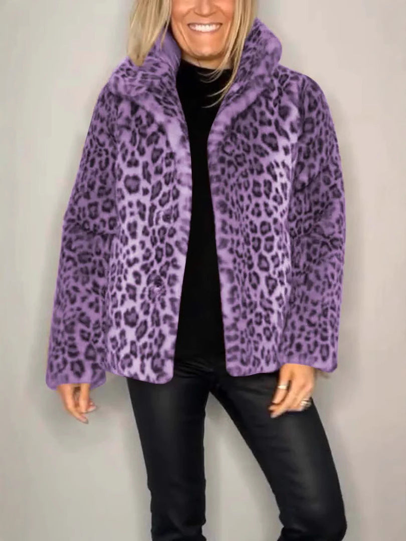 Street Wave Leopard Print Faux Fur Coat For Women Oversized Fit Lapel Collar Luxurious Style