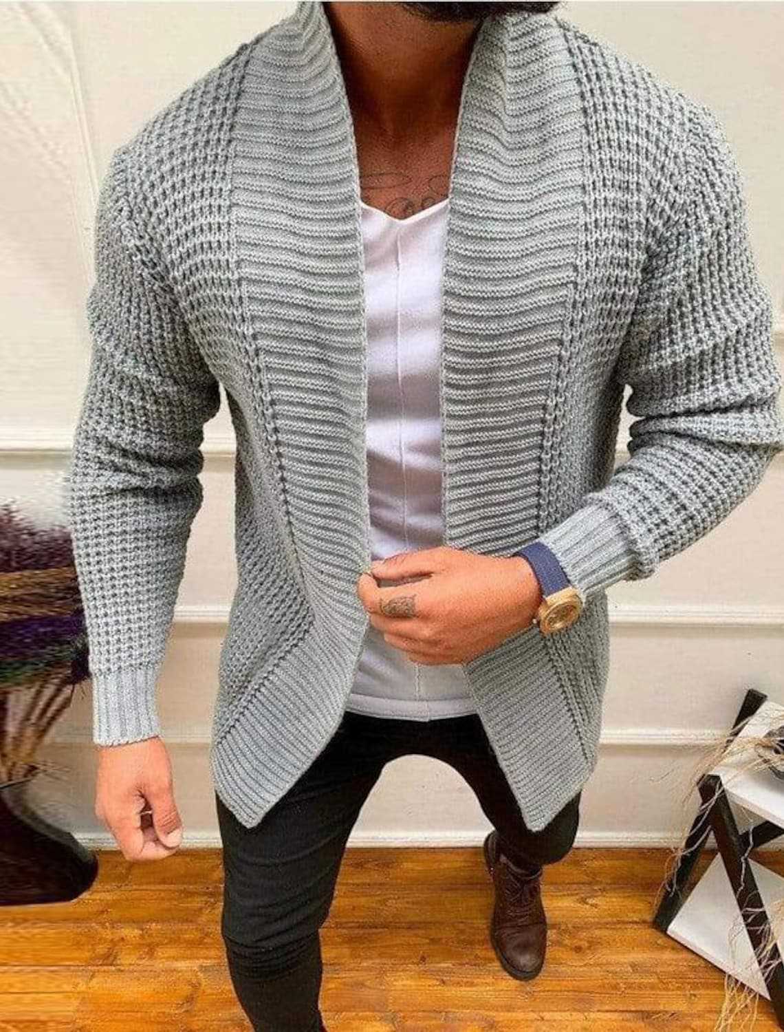 Men's Cardigan With Deep Shawl Collar And Textured Knit By Streetwave For Modern Urban Style And Comfort